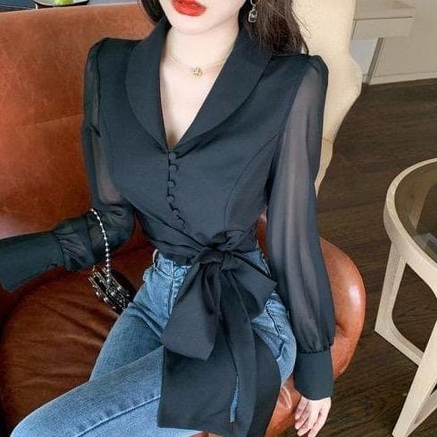 jpyuyuco-Chiffon Blouse With Bow