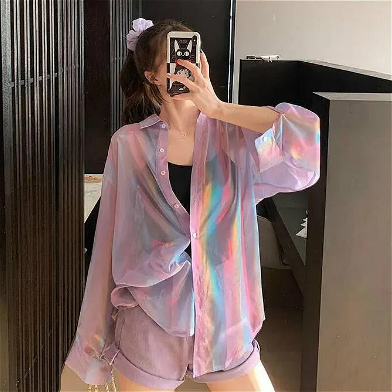 jpyuyuco-Transparent Button-Down Shirt With Holo Effect