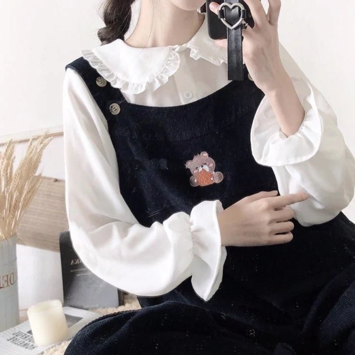 jpyuyuco-Button-Down Blouse With Lantern Sleeves And Frill Accents