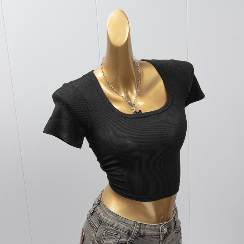 jpyuyuco-Solid color inner top ribbed short-sleeved T-shirt