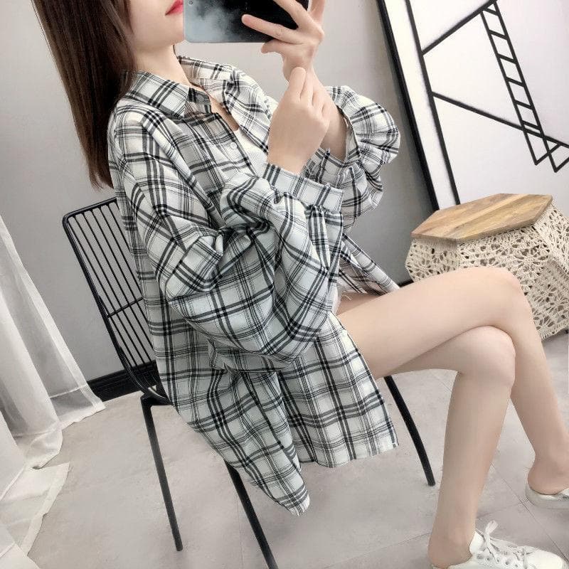 jpyuyuco-Plaid Shirt with Balloon Sleeves