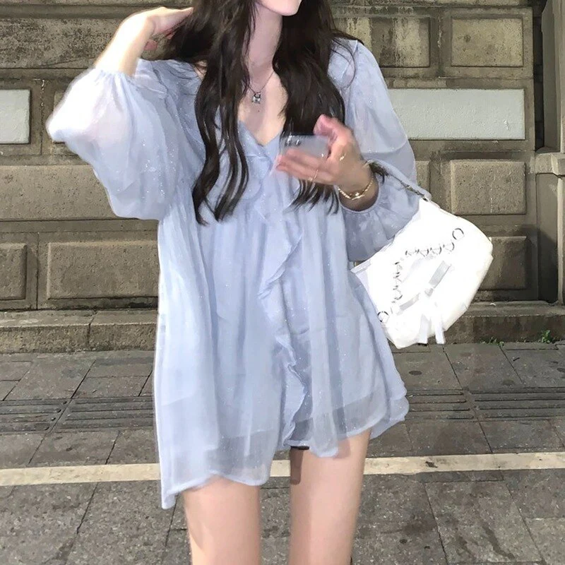 jpyuyuco-Transparent Blouse With Ruffles