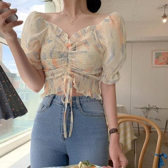 jpyuyuco-Crop Chiffon Blouse With Puff Sleeves