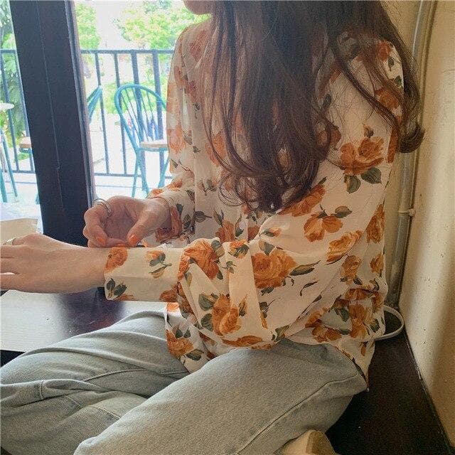 jpyuyuco-See-Through Button-Down Blouse With Floral Print (S to 4XL!)