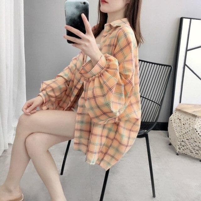 jpyuyuco-Plaid Shirt with Balloon Sleeves