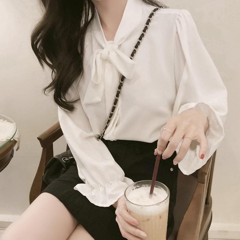 jpyuyuco-Bow Tie Chiffon Blouse
