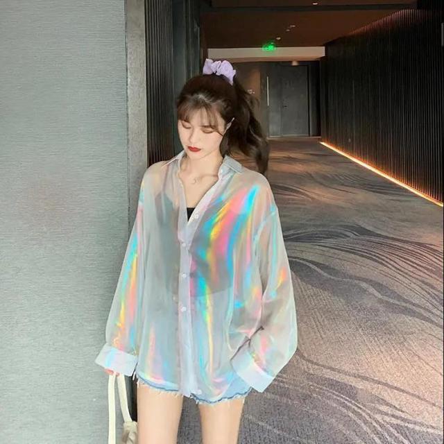 jpyuyuco-Transparent Button-Down Shirt With Holo Effect
