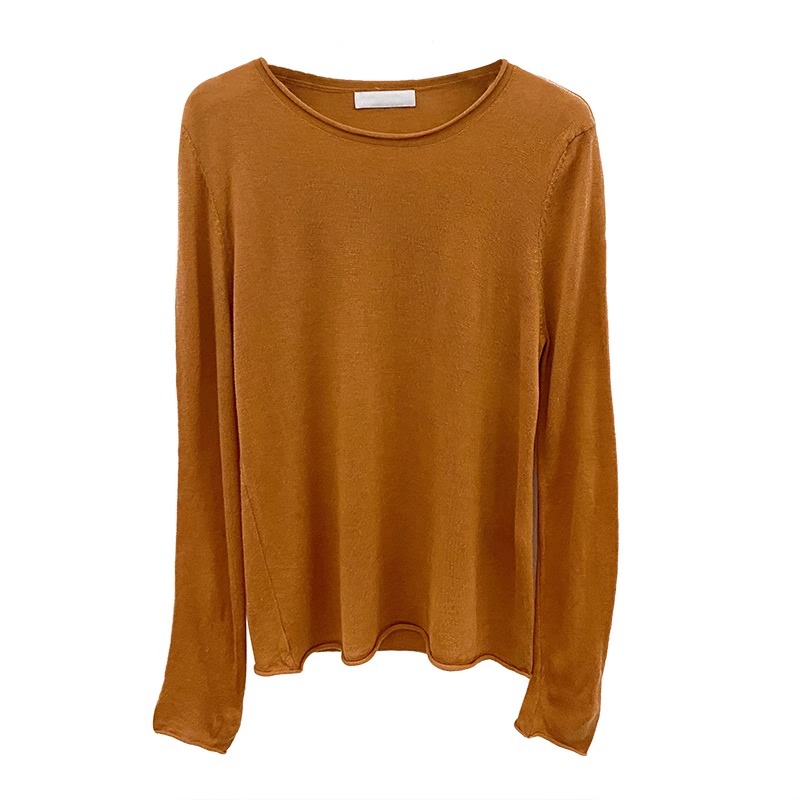 jpyuyuco-Autumn white rolled-edge round neck bottoming shirt