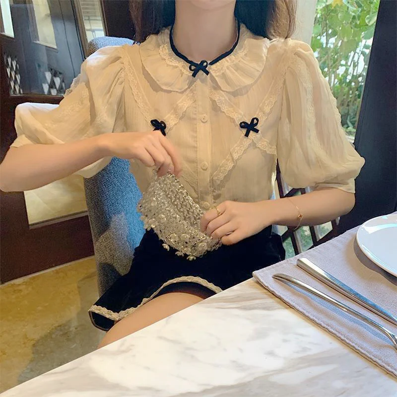 jpyuyuco-Button-Down Blouse With Puff Sleeves And Ribbons