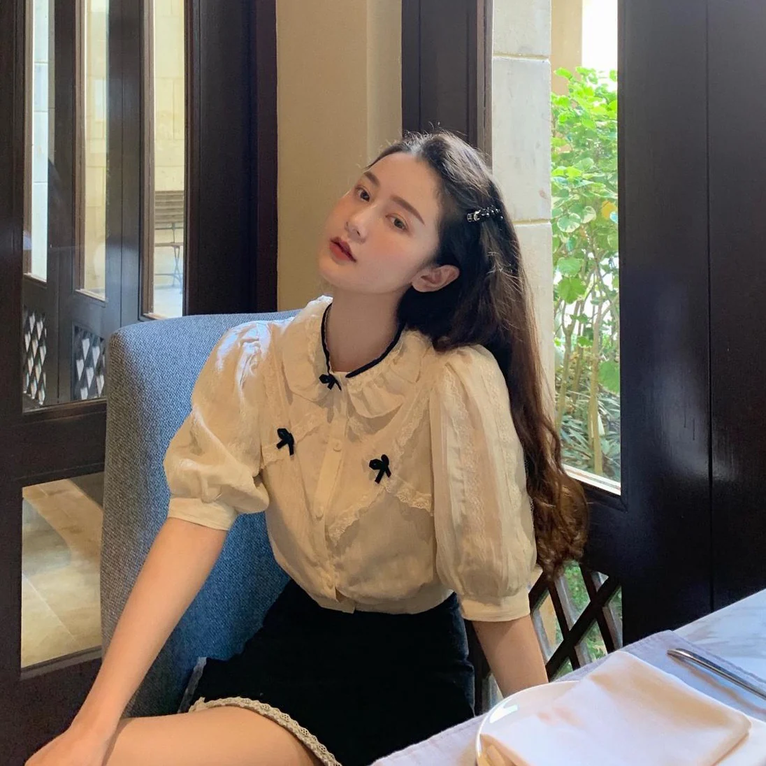 jpyuyuco-Button-Down Blouse With Puff Sleeves And Ribbons