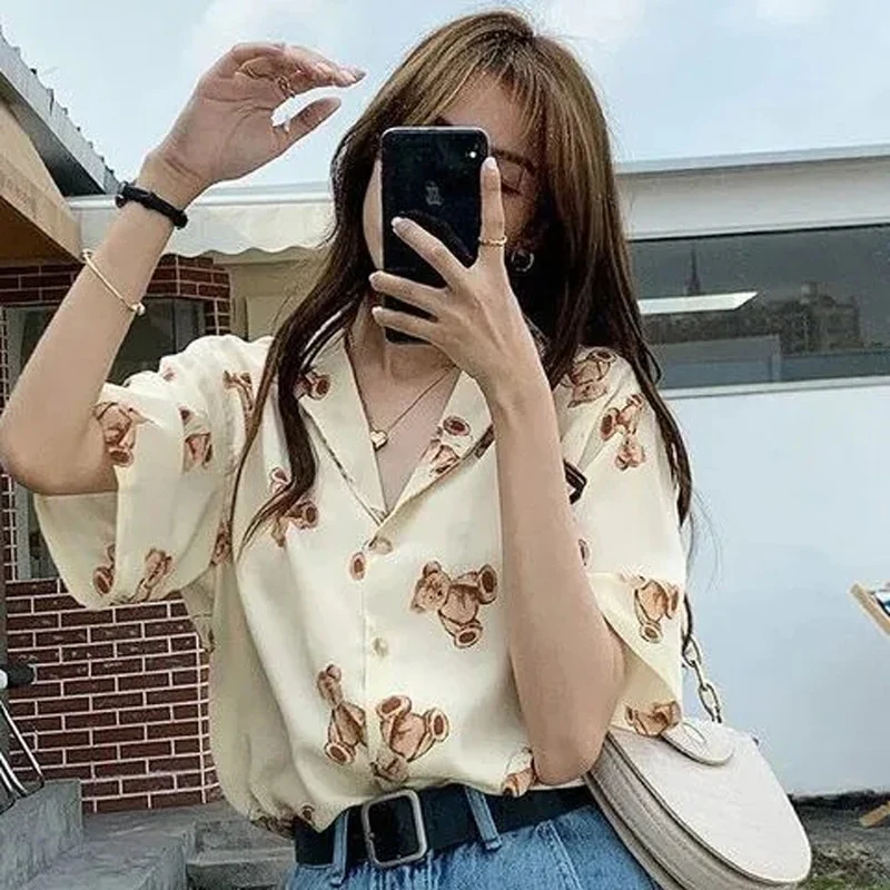 jpyuyuco-Chiffon Blouse With Teddy Bear Print