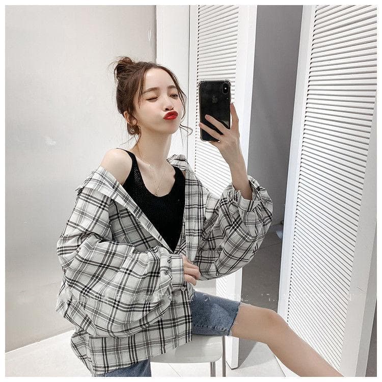 jpyuyuco-Plaid Shirt with Balloon Sleeves