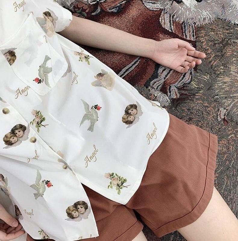 jpyuyuco-Collared Blouse with Short Sleeves and Angel Print