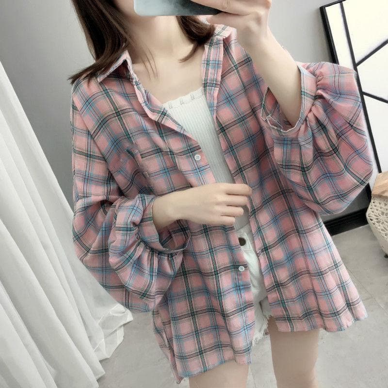 jpyuyuco-Plaid Shirt with Balloon Sleeves