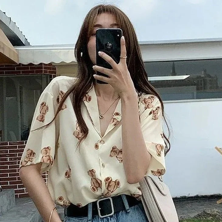 jpyuyuco-Chiffon Blouse With Teddy Bear Print