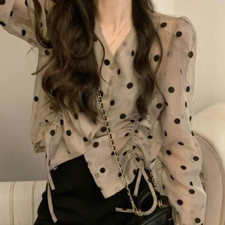 jpyuyuco-Polka Dot Blouse With Drawstrings