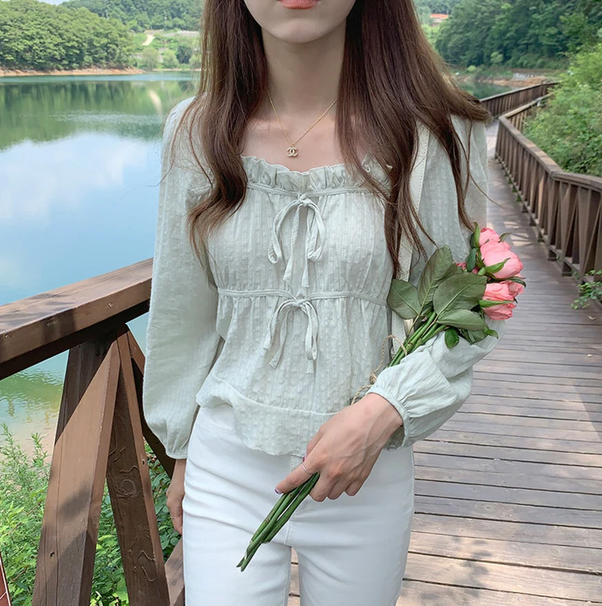 jpyuyuco-Linen-Cotton-Blend Ruffled Top with Ribbon Details