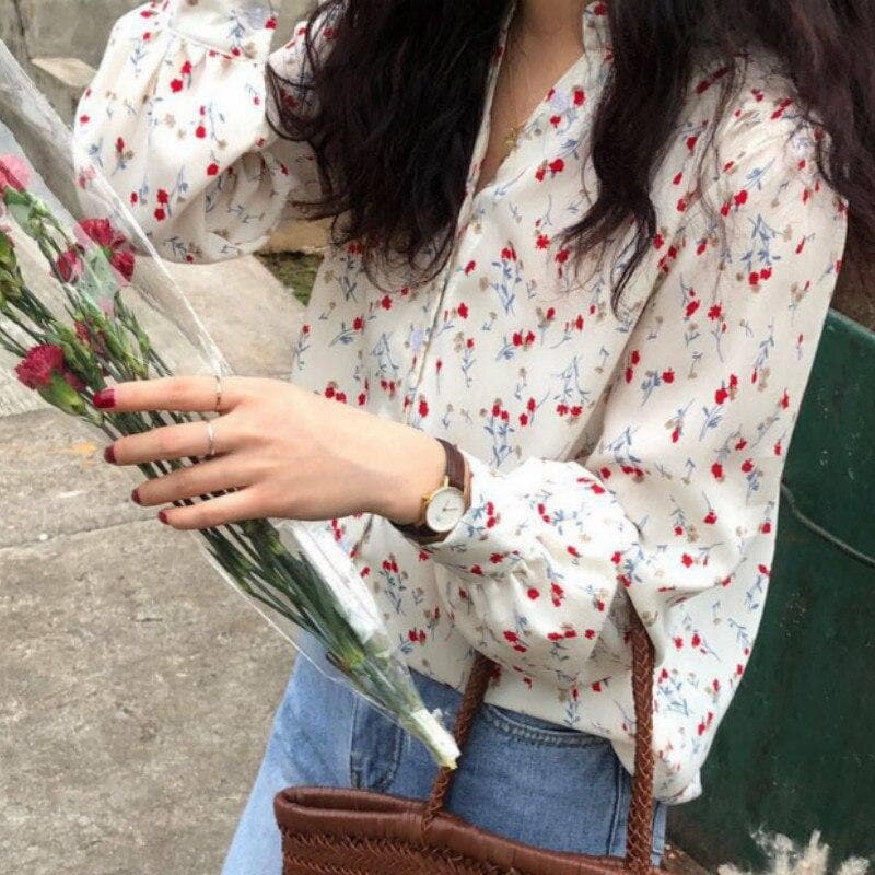 jpyuyuco-Button-Down Blouse With Floral Print