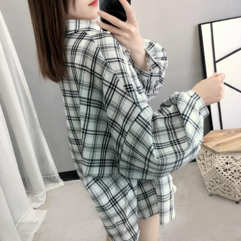 jpyuyuco-Plaid Shirt with Balloon Sleeves