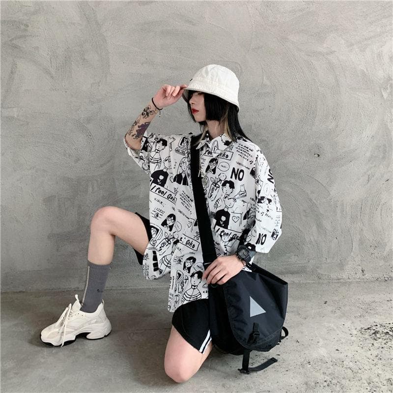 jpyuyuco-Collared Shirt With Comic Print