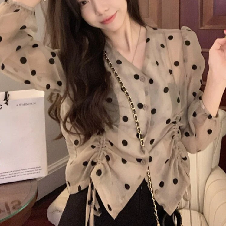 jpyuyuco-Polka Dot Blouse With Drawstrings