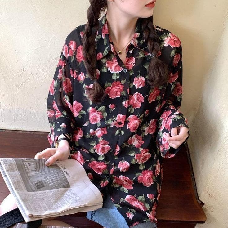 jpyuyuco-See-Through Button-Down Blouse With Floral Print (S to 4XL!)