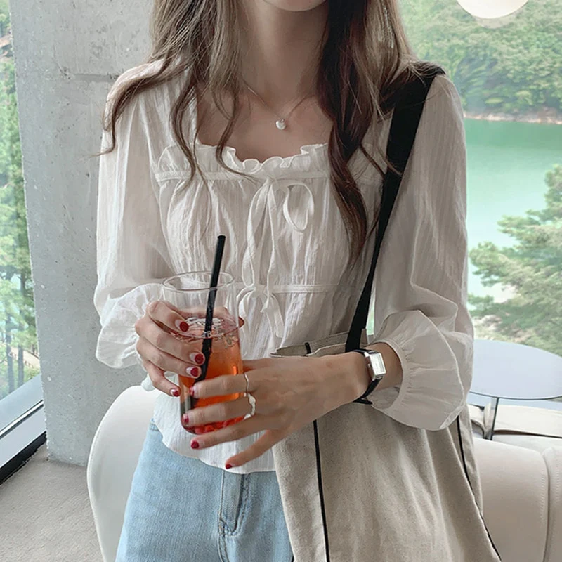 jpyuyuco-Linen-Cotton-Blend Ruffled Top with Ribbon Details