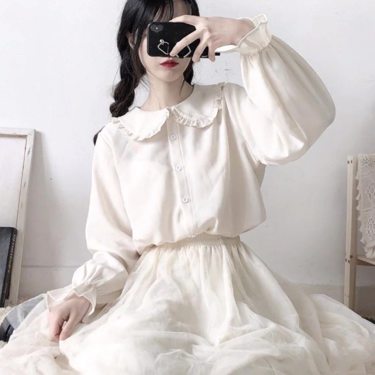 jpyuyuco-Button-Down Blouse With Lantern Sleeves And Frill Accents