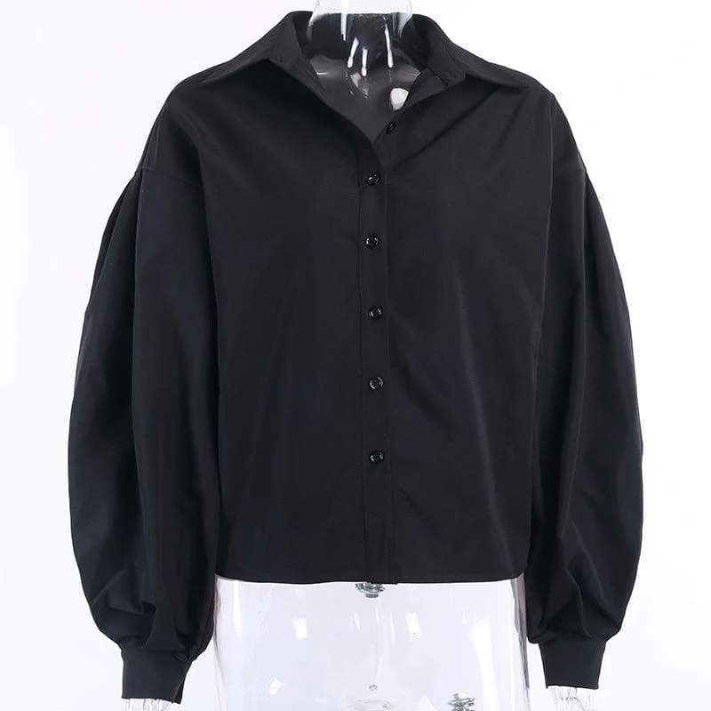 jpyuyuco-Button-Down Blouse With Puff Sleeves