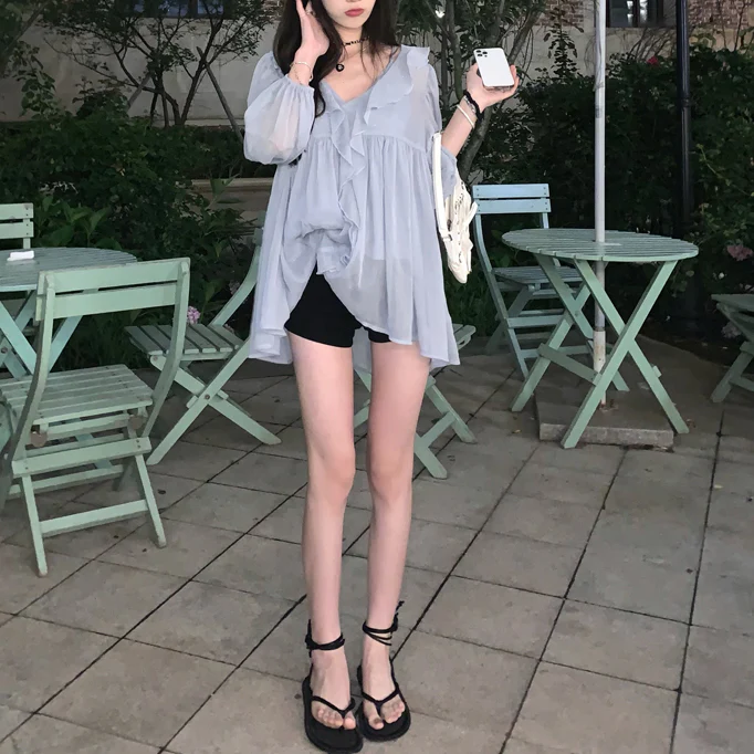 jpyuyuco-Transparent Blouse With Ruffles