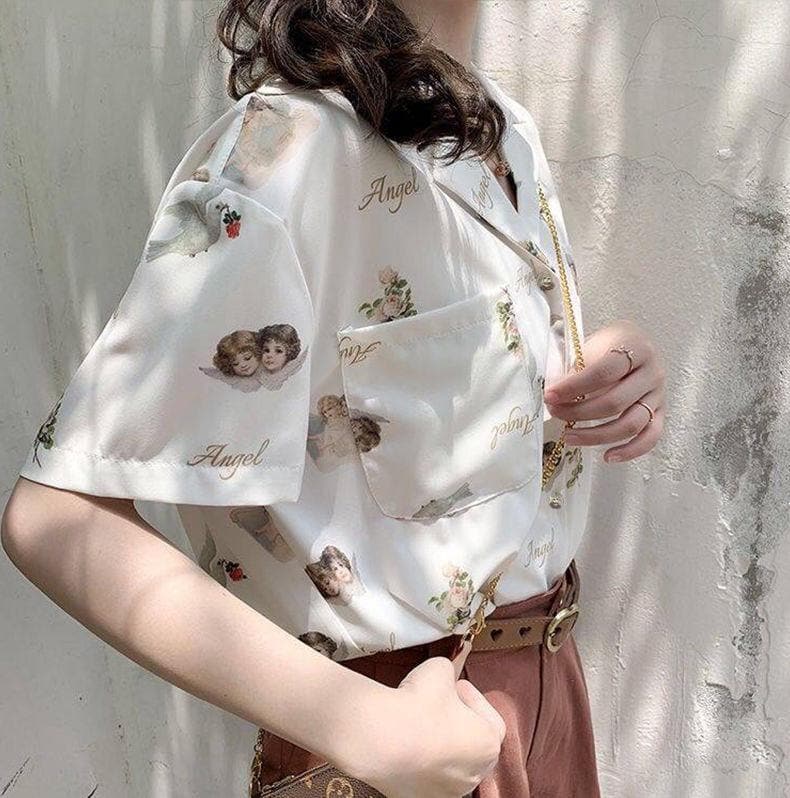 jpyuyuco-Collared Blouse with Short Sleeves and Angel Print