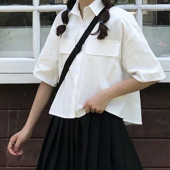 jpyuyuco-Button-Down Shirt With Half Sleeves