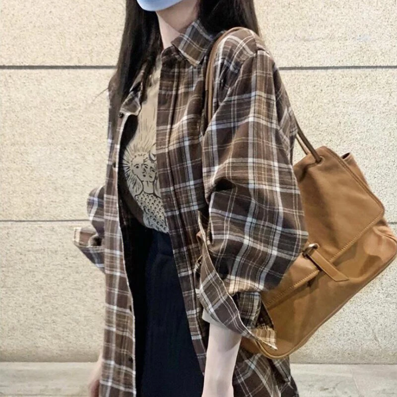jpyuyuco-Plaid Shirt With Turn-Down Collar