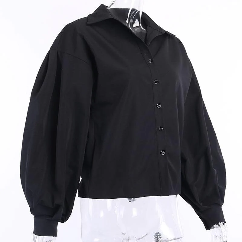 jpyuyuco-Button-Down Blouse With Puff Sleeves