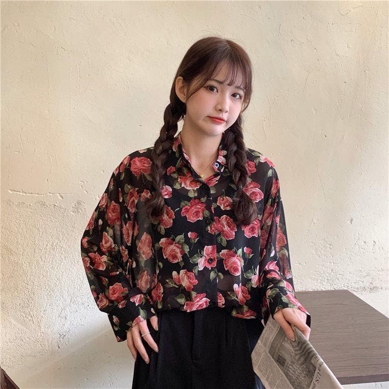 jpyuyuco-See-Through Button-Down Blouse With Floral Print (S to 4XL!)