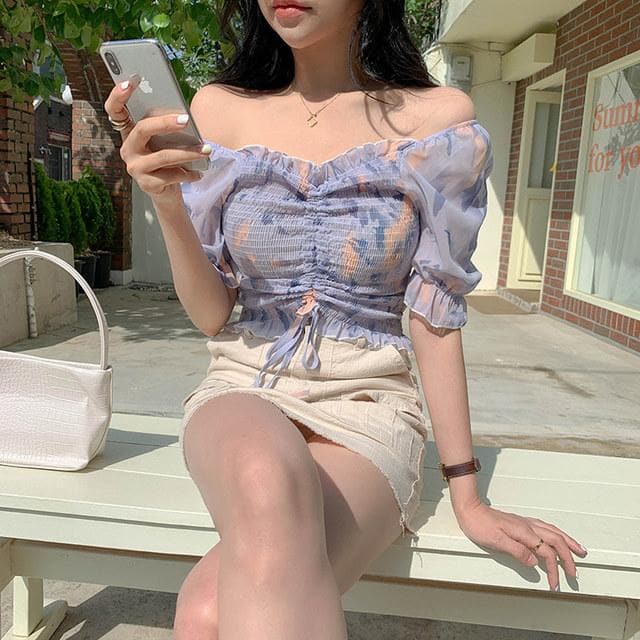 jpyuyuco-Crop Chiffon Blouse With Puff Sleeves
