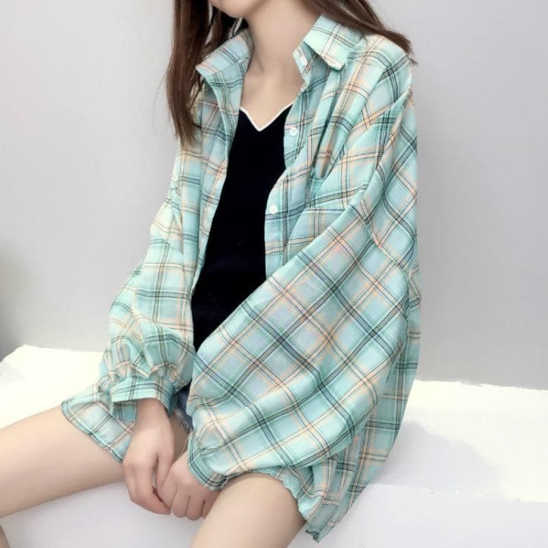 jpyuyuco-Plaid Shirt with Balloon Sleeves