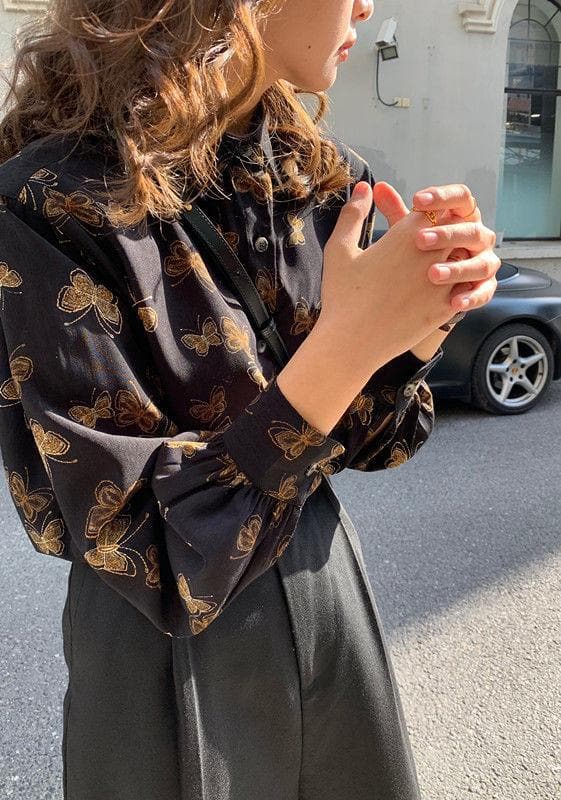 jpyuyuco-Button-Down Blouse With Butterfly Print