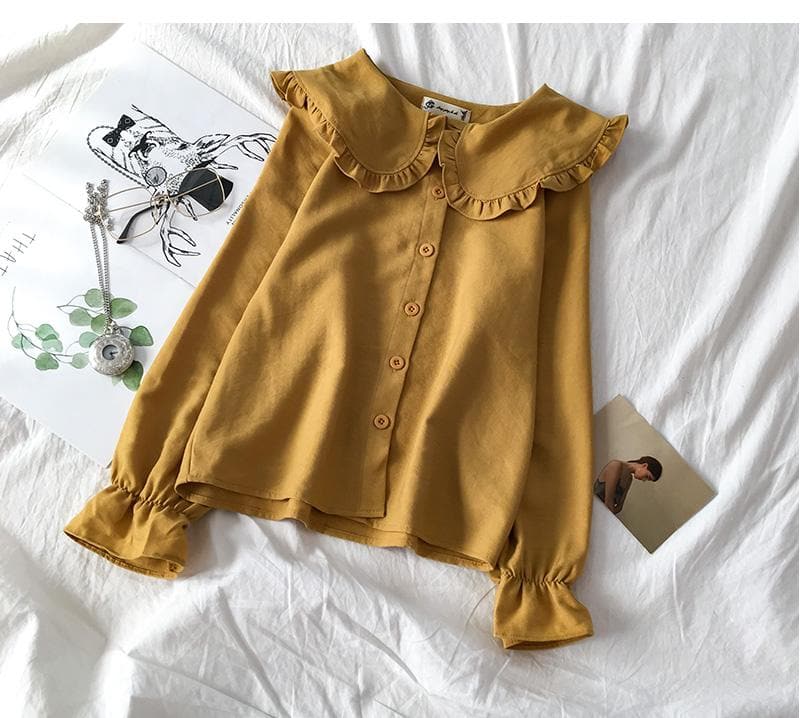 jpyuyuco-Collared Longsleeve Blouse