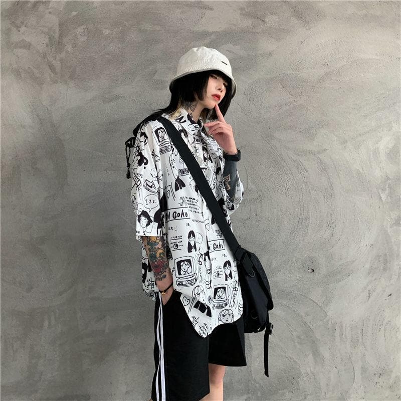 jpyuyuco-Collared Shirt With Comic Print