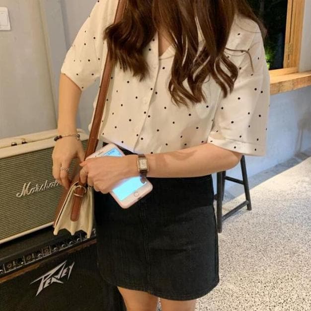 jpyuyuco-Button-Down Shirt With Polka Dots And Turn-Down Collar