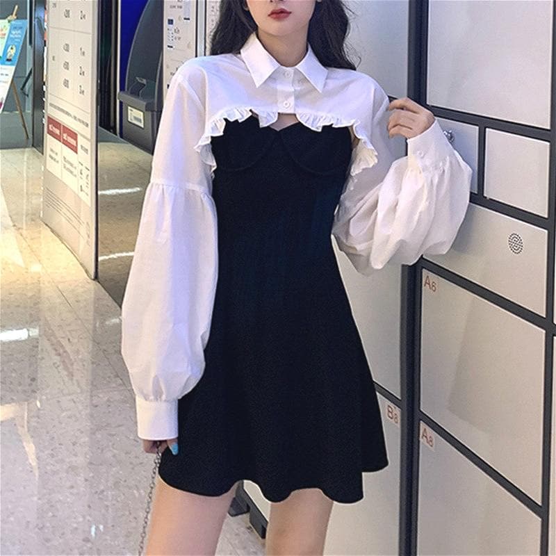jpyuyuco-2-in-1 Mini Dress + Collared Shirt with Lantern Sleeves