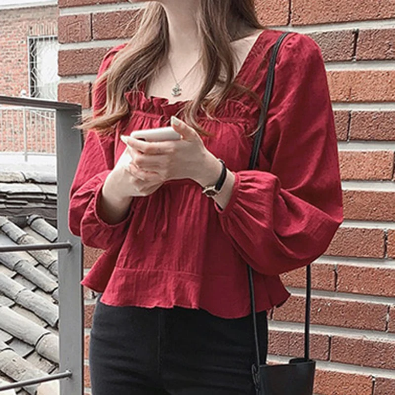 jpyuyuco-Linen-Cotton-Blend Ruffled Top with Ribbon Details