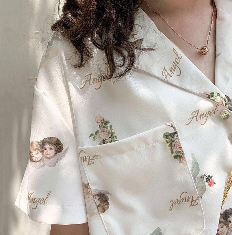 jpyuyuco-Collared Blouse with Short Sleeves and Angel Print
