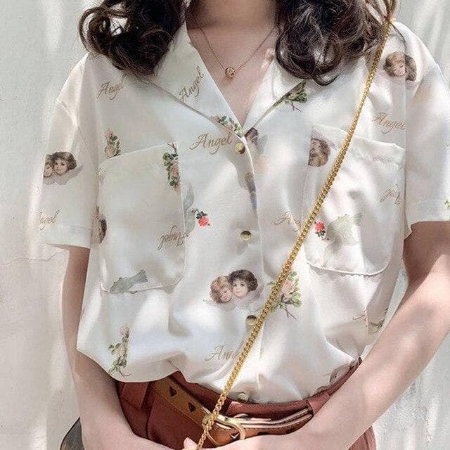 jpyuyuco-Collared Blouse with Short Sleeves and Angel Print