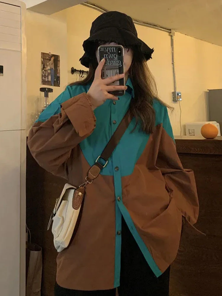 jpyuyuco-Oversized Vintage Patchwork Shirt/Blouse With Buttons