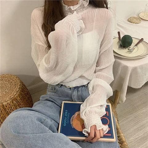 jpyuyuco-Transparent High-Neck Longsleeve Shirt