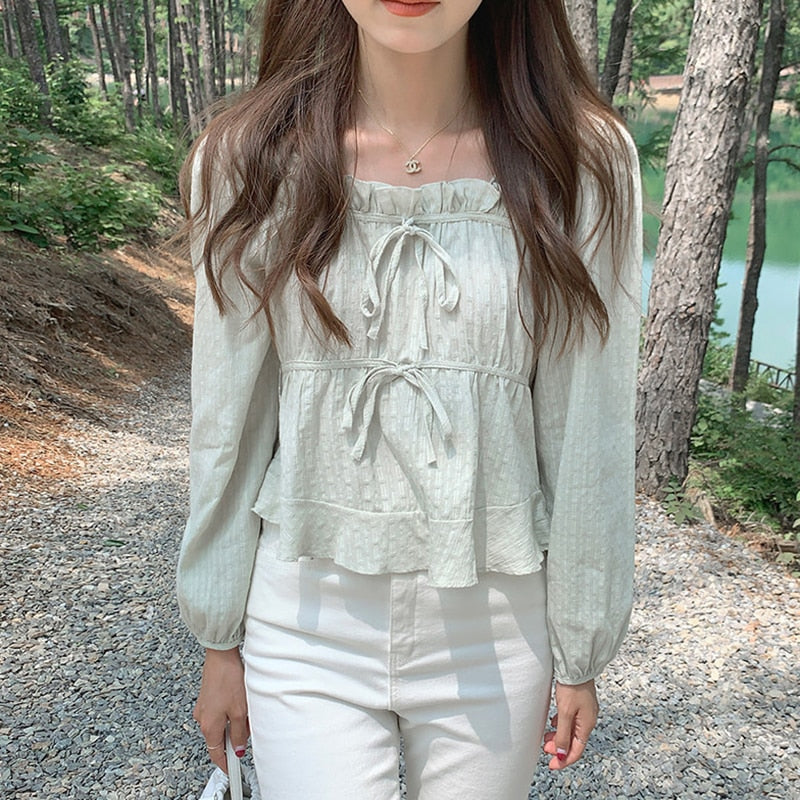 jpyuyuco-Linen-Cotton-Blend Ruffled Top with Ribbon Details