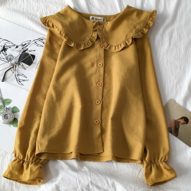 jpyuyuco-Collared Longsleeve Blouse