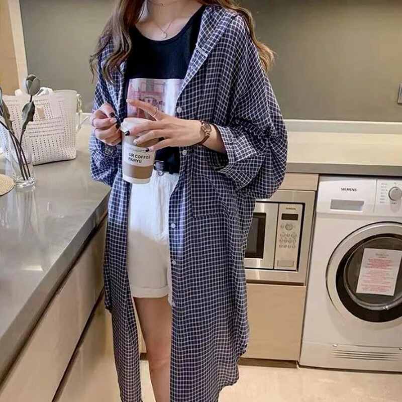 jpyuyuco-Long Button-Down Blouse With Plaid Pattern (S-4XL!)